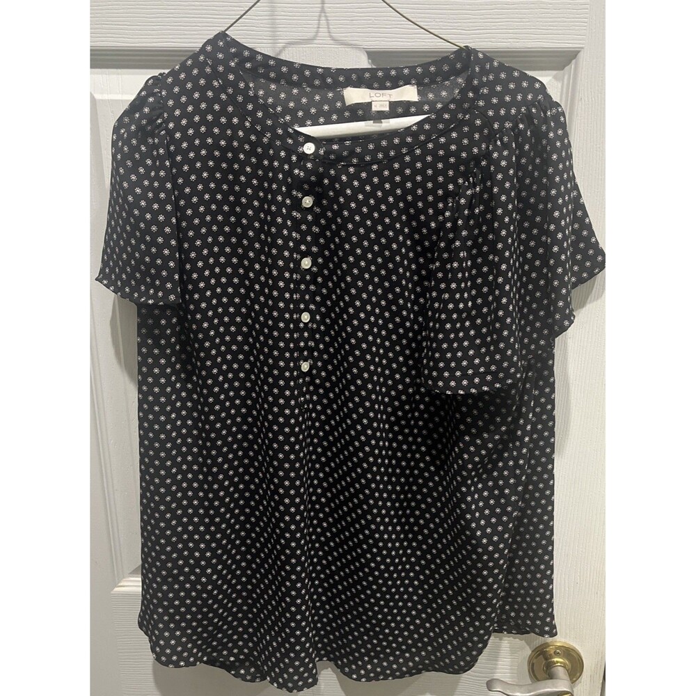 Loft black polka dot split-neck blouse Womens XL